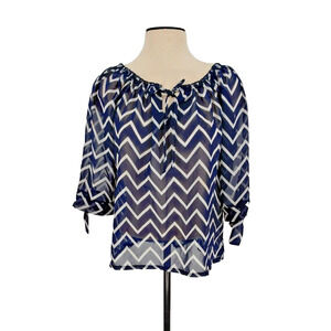 Vertiche Woman Blue Geometric Sheer Pullover Blouse Size XL Dolman & Tie Sleeves